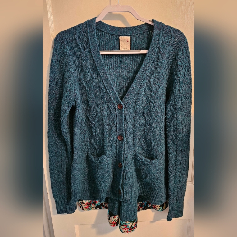 Teal Cable Knit Cardigan Sweater